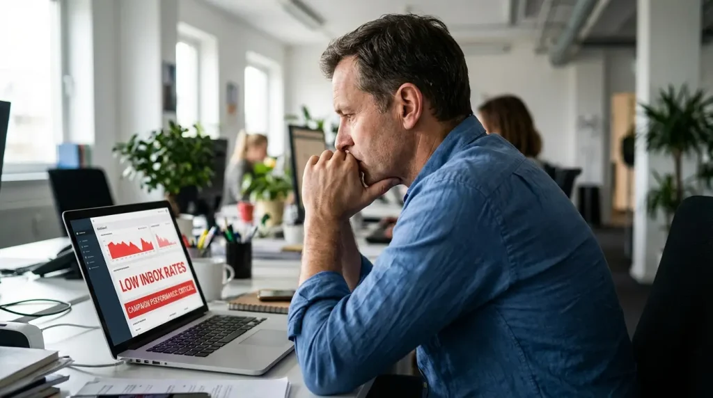 Director de marketing revisando metricas de email con resultados negativos